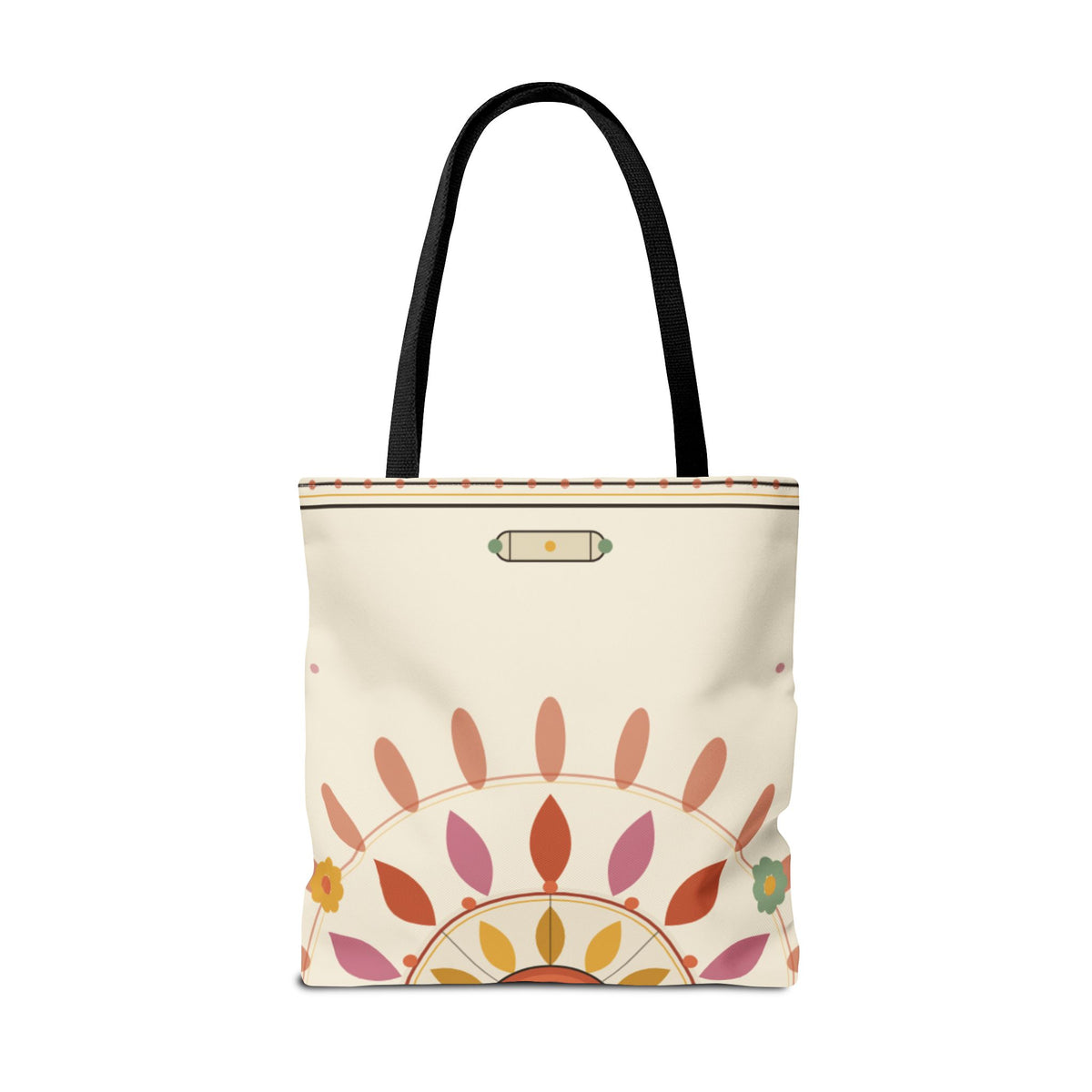 Boho floral mandala tote bag with pastel sunburst pattern and floral design, made by Printify, perfect for casual carrying.