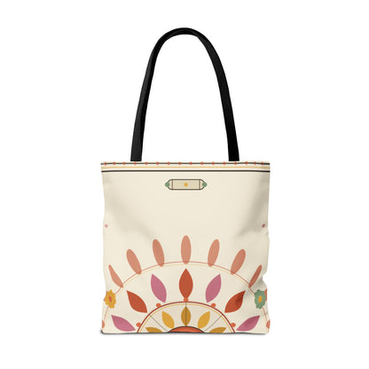 Boho floral mandala tote bag with pastel sunburst pattern and floral design, made by Printify, perfect for casual carrying.