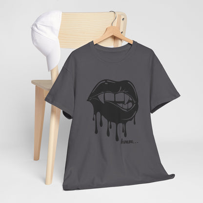 Graphic T-shirt by Printify featuring dripping lips with a "hmm..." bite design on a black cotton fabric.