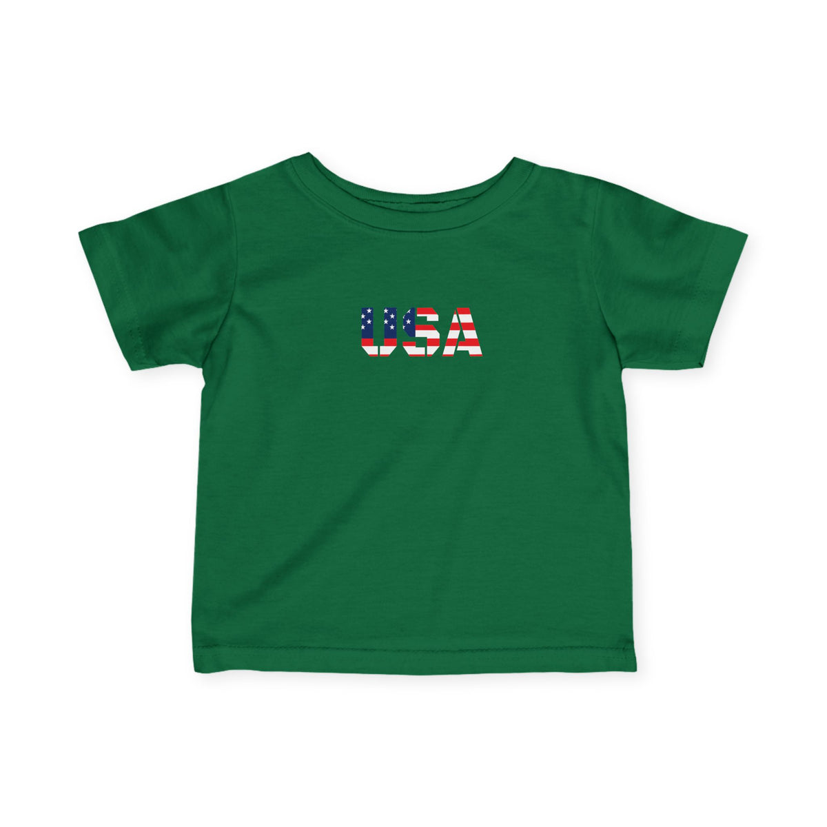 Infant baby tee with USA flag block print, kids clothes by Printify, featuring a patriotic USA flag design on soft fabric.