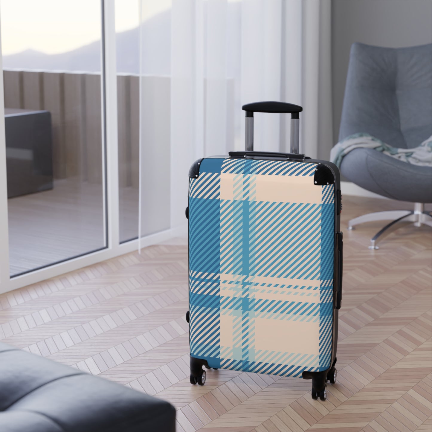 Blue Plaid Carry-On Suitcase – Lightweight Checked Luggage with Classic Tartan Design