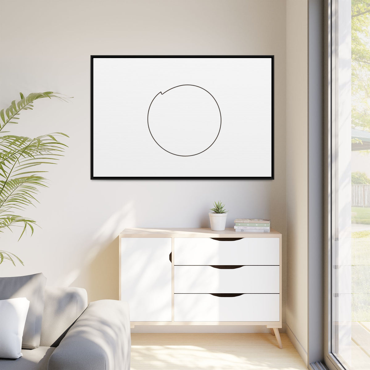 Framed matte canvas wall art featuring a minimal circular line design, created by Printify. Modern abstract home decor piece.