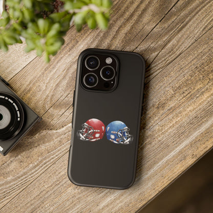 Red and blue football helmet tough phone case for iPhone, protective Printify cover with realistic helmet design.