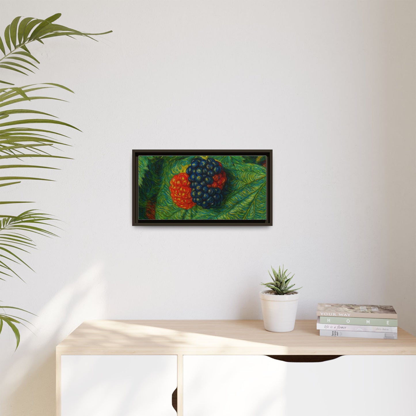 Blackberry still life framed canvas print by Printify, featuring realistic blackberries on a textured canvas surface.