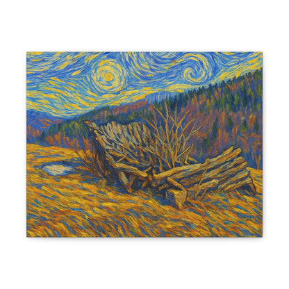 Impressionist Starry Landscape canvas print by Printify showing a vibrant night sky with stars over a colorful landscape.