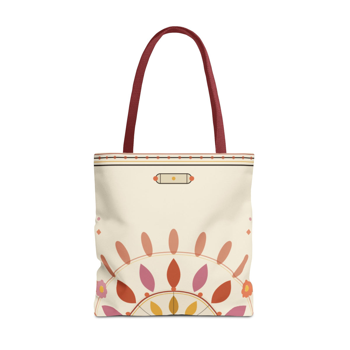 Boho floral mandala tote bag with pastel sunburst pattern, featuring a colorful printed design on a fabric bag.