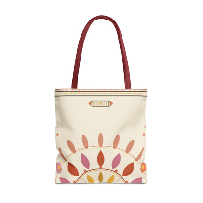 Boho floral mandala tote bag with pastel sunburst pattern, featuring a colorful printed design on a fabric bag.