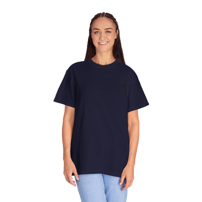 Black T-shirt featuring a minimal white finger heart graphic, designed for casual wear, by Printify.