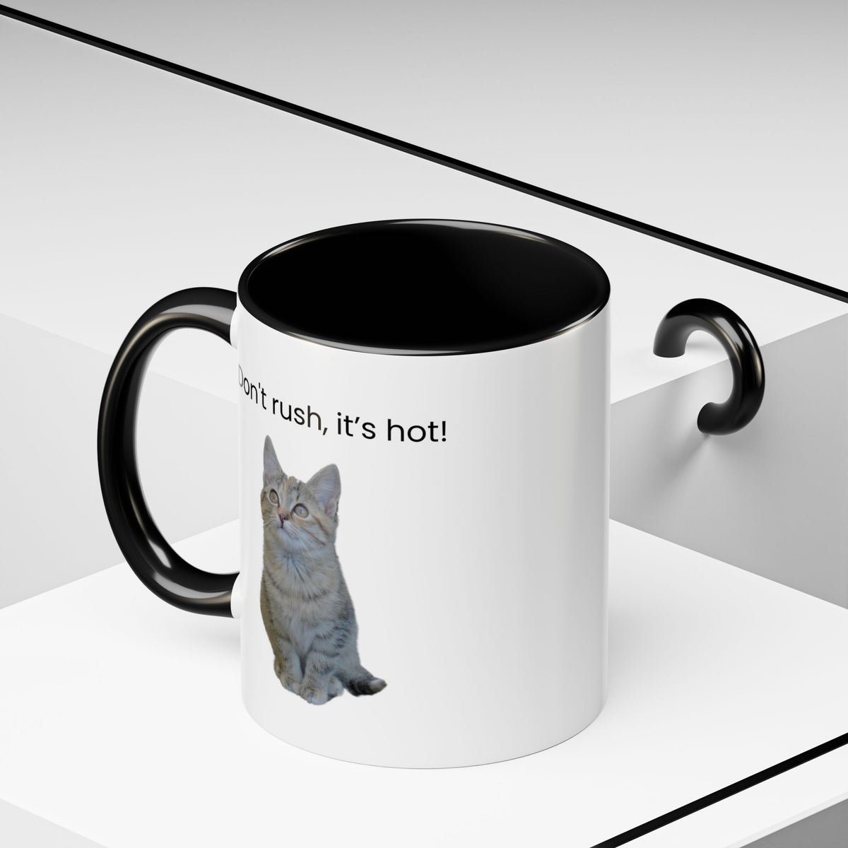 Ceramic cat coffee mug with "Don't rush, it's hot!" slogan, 11 oz, featuring a colorful cat illustration on a white background.