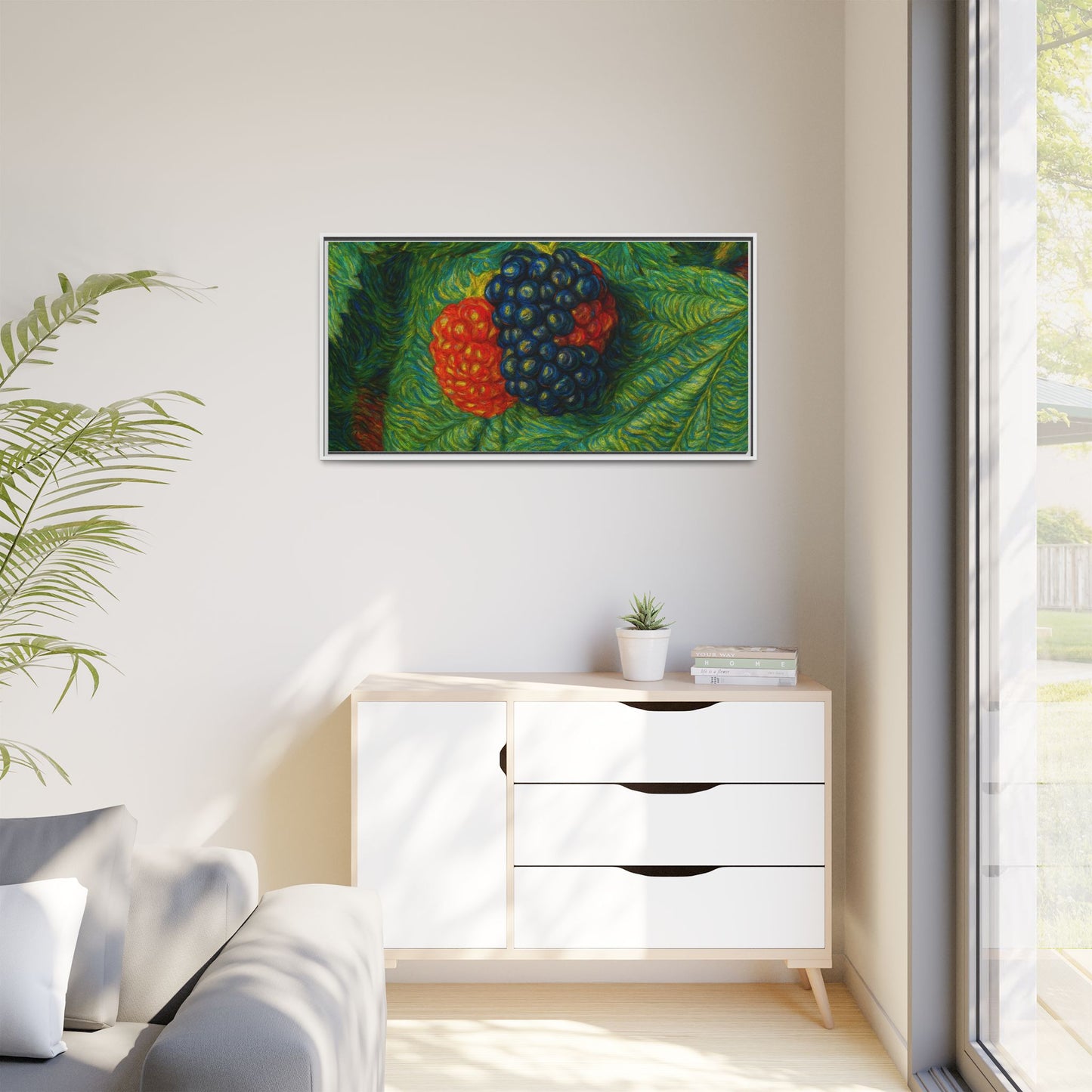 Blackberry still life framed canvas print by Printify displaying a detailed image of ripe blackberries on a rustic background.