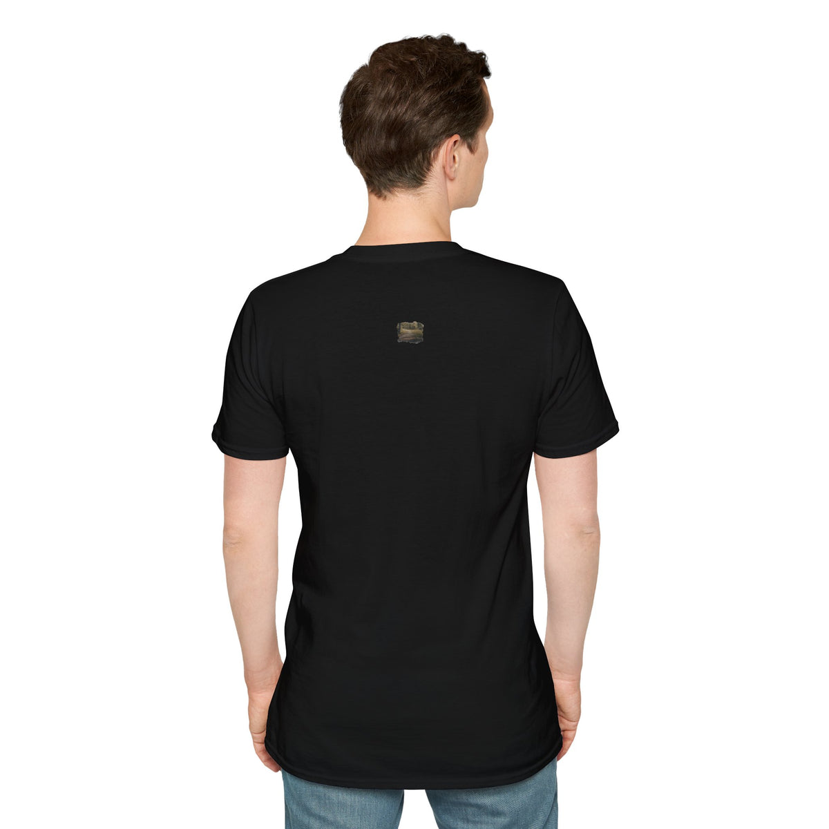 Vintage forest landscape T-shirt by Printify featuring a nature pathway design on a casual tee.
