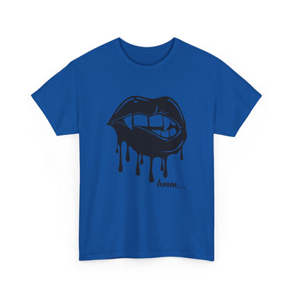 Graphic T-shirt by Printify featuring dripping lips with "hmm..." bite design on the front, black crew neck style.