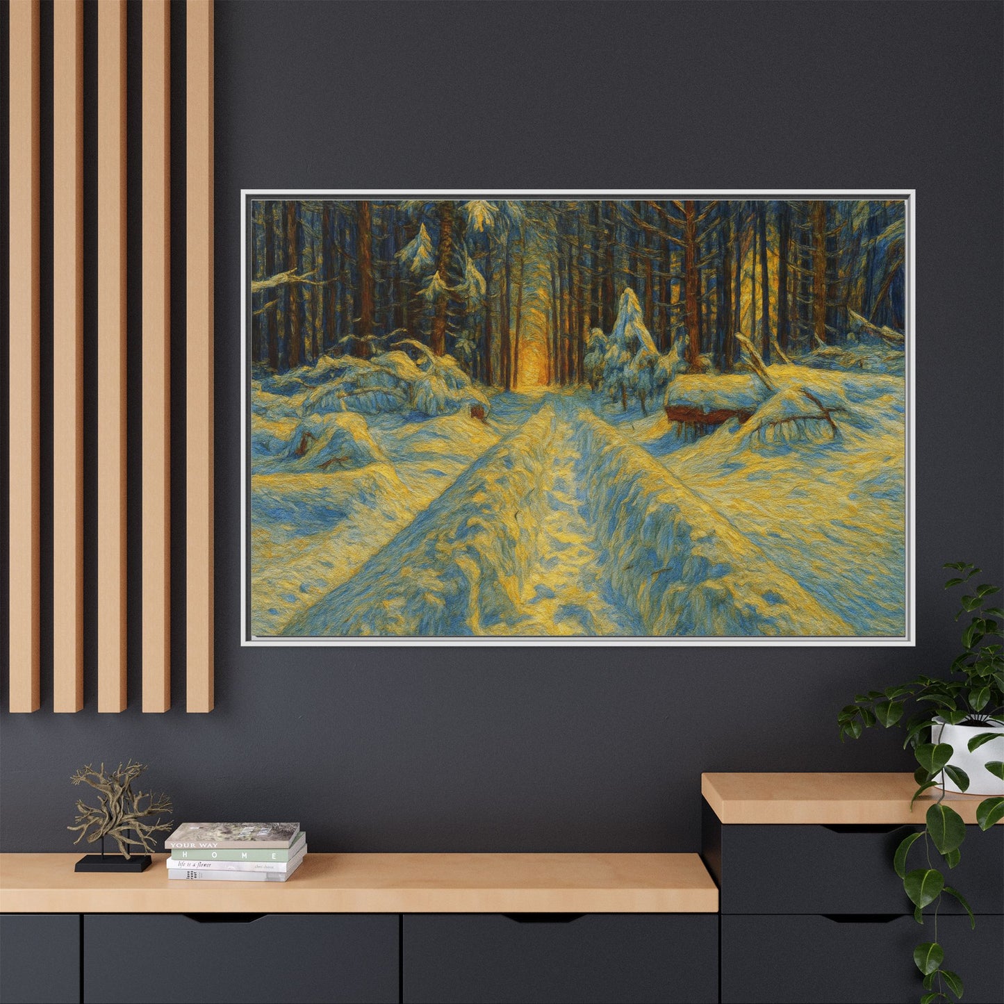 Framed matte canvas print of a snowy forest path at sunset, wall art by Printify featuring winter landscape scenery.
