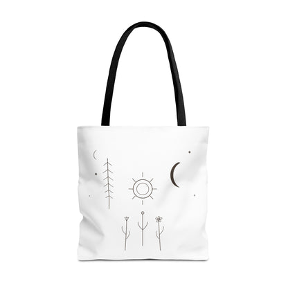 Minimal Moon and Sun botanical tote bag featuring celestial line art design, made by Printify.
