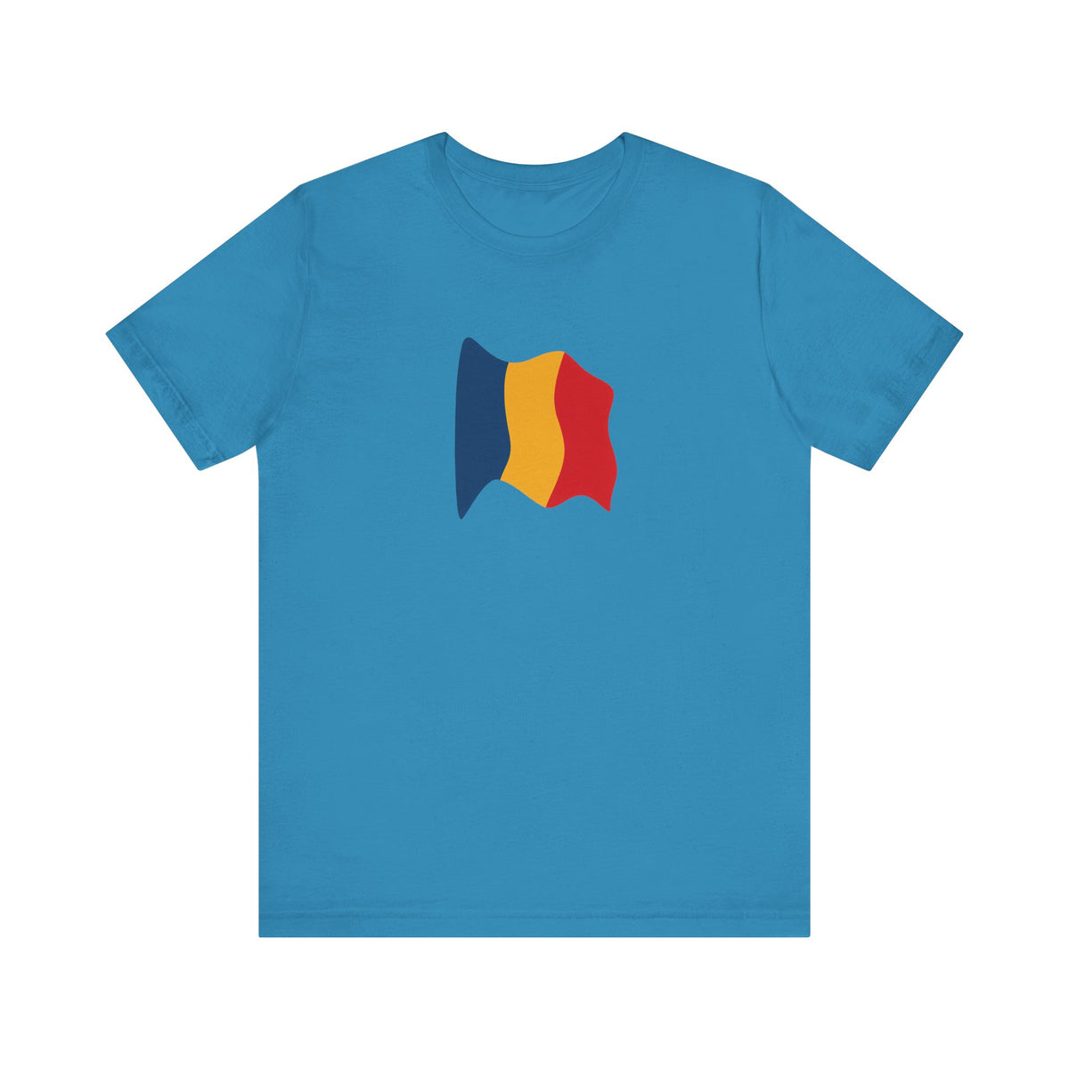 Romania flag T-shirt by Printify, minimal waving tricolor design on a casual T-shirt, featuring red, yellow, and blue stripes.
