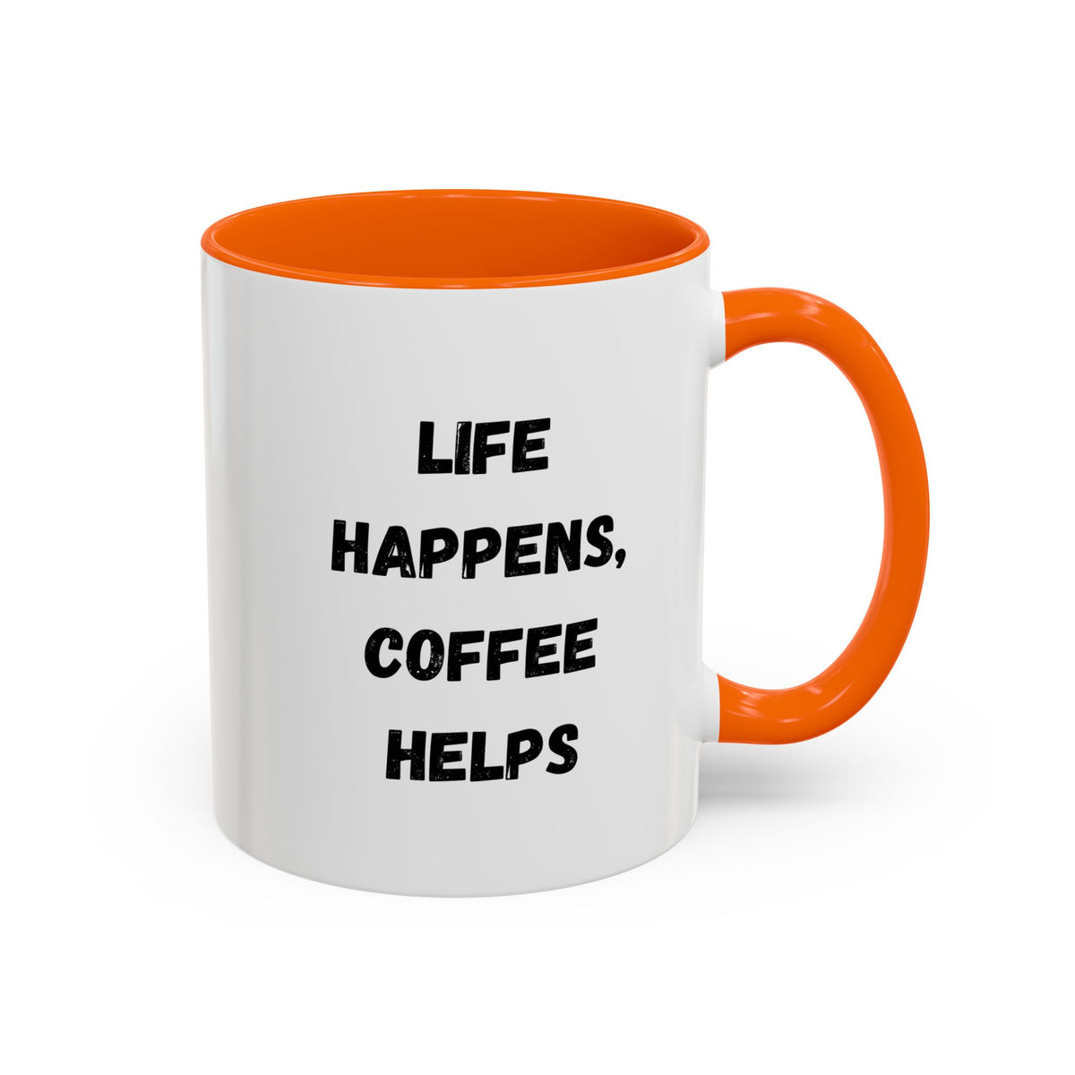 Black ceramic mug with "Life Happens Coffee Helps" text, 11oz or 15oz size, with black handle and rim, by Printify.