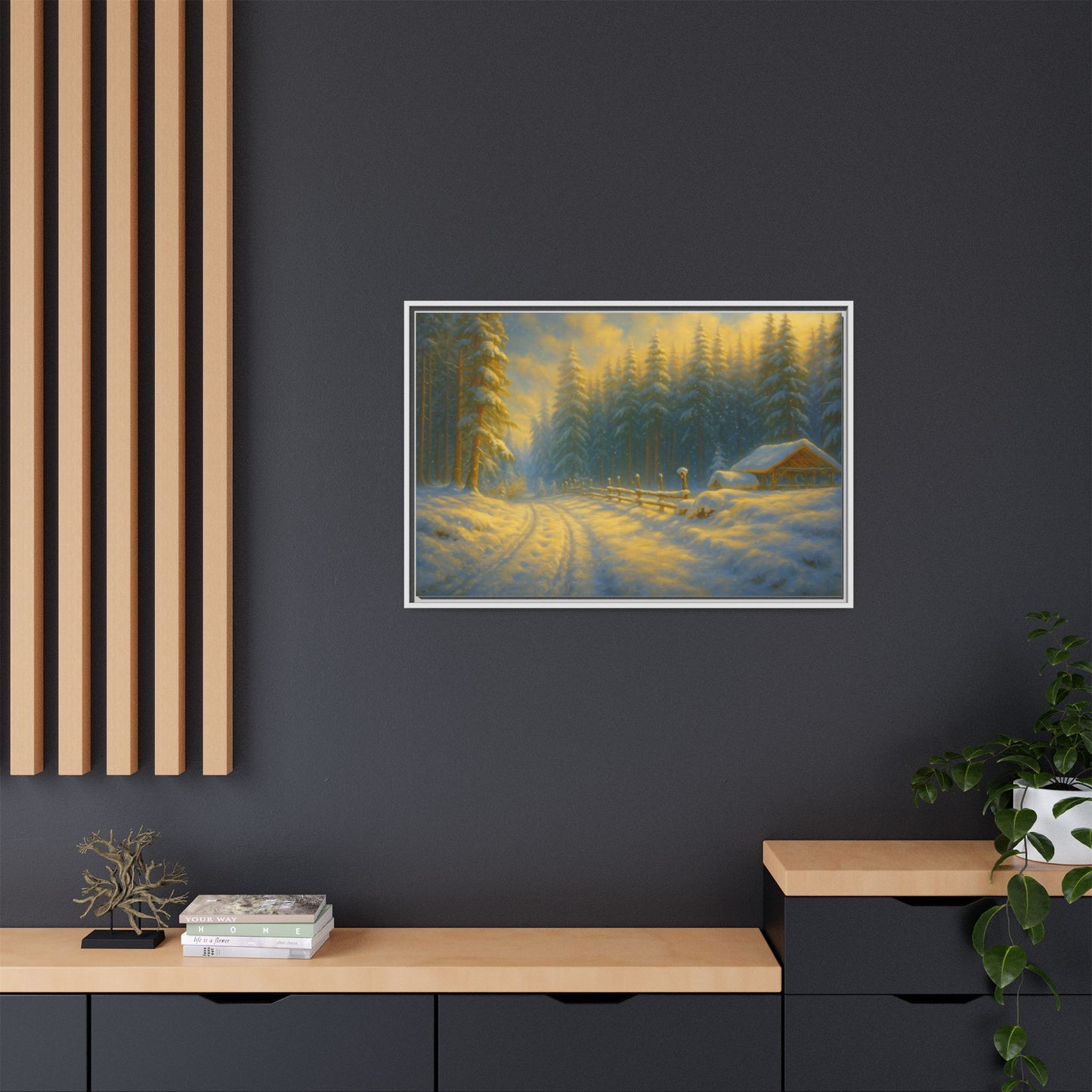 Framed winter cabin canvas print featuring a snowy forest sunset, ideal wall art for cozy winter decor.