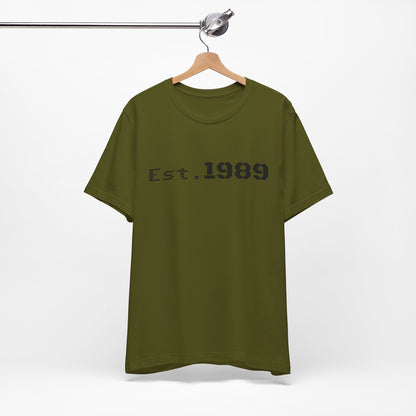 Vintage Est. 1989 Printify T-shirt with graphic design celebrating the year of birth, casual men's or women's graphic tee