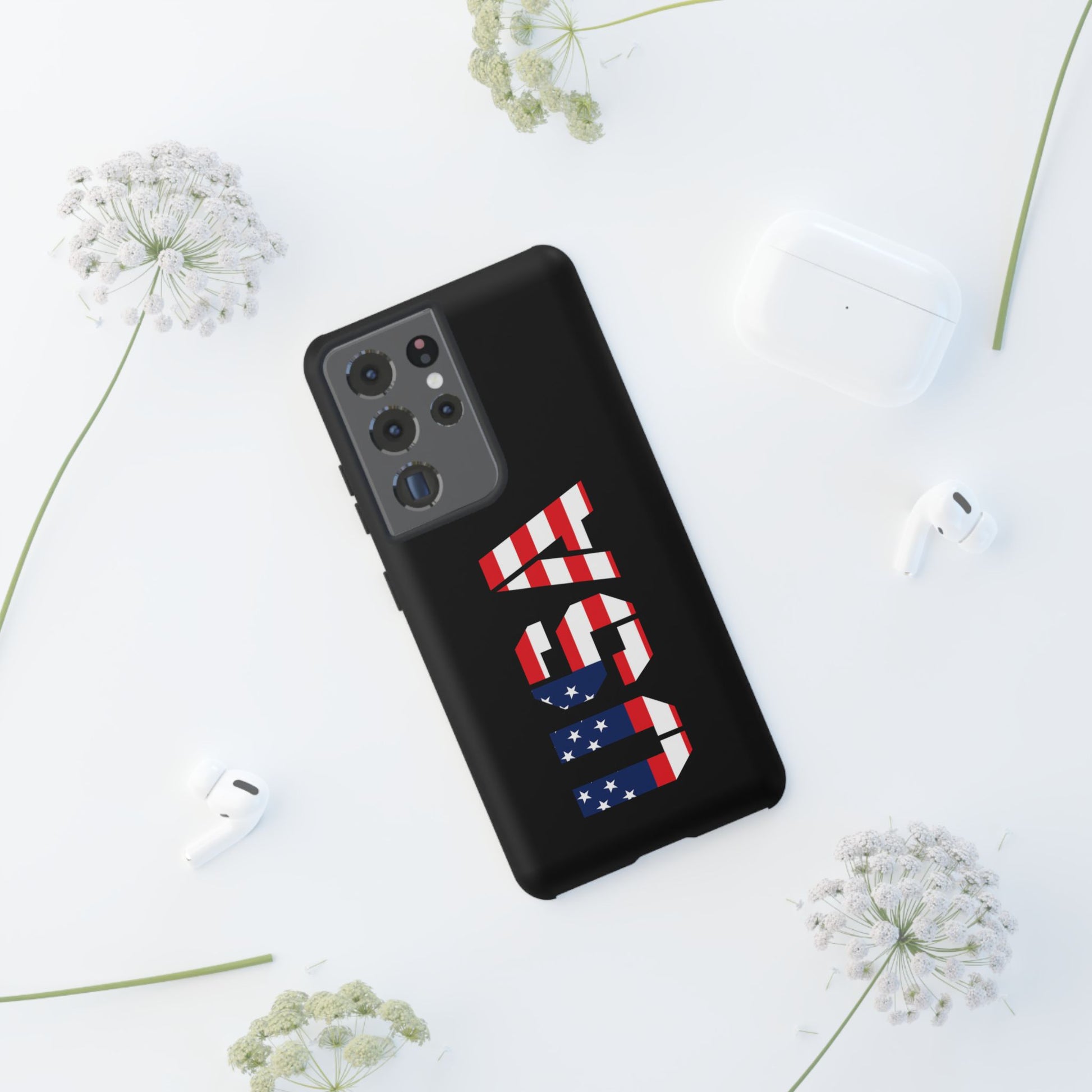 Printify USA phone case featuring a patriotic American flag design, durable tough case for smartphones.