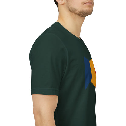 Romania flag T-shirt by Printify featuring a minimal waving tricolor design on a casual tee.