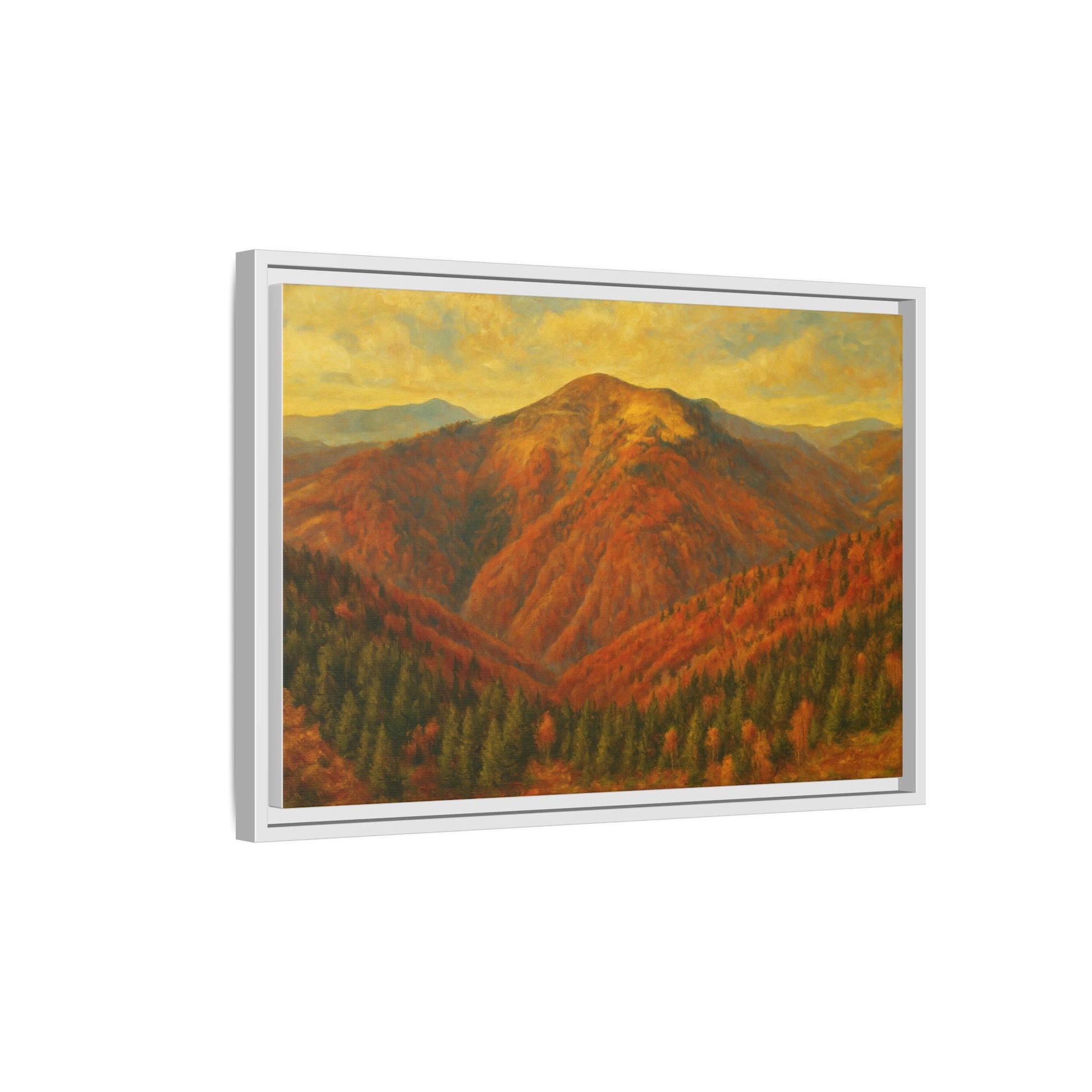 Autumn mountain matte canvas framed wall art by Printify showing a scenic mountain landscape in warm fall colors