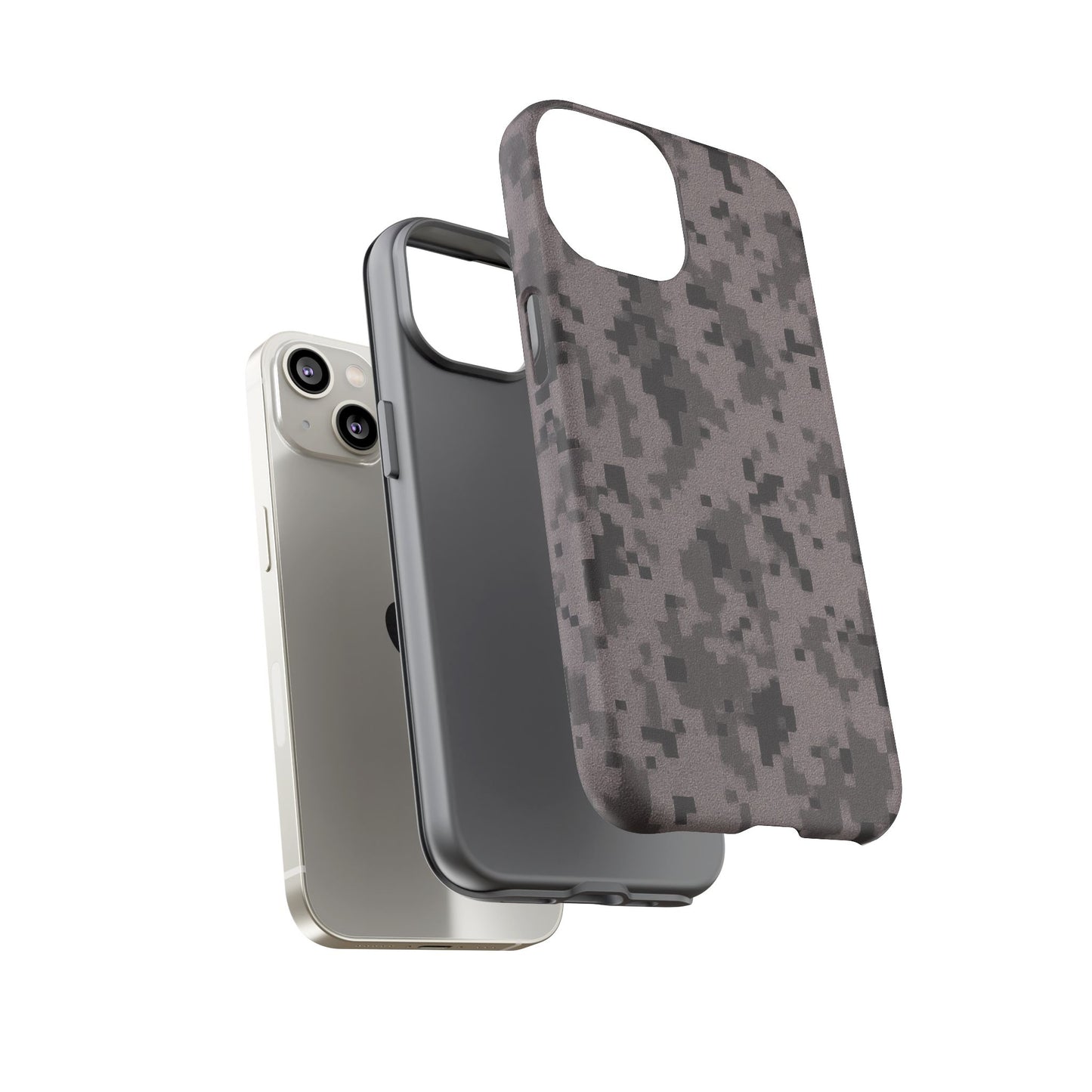 Gray digital camouflage phone case by Printify, tough protective cover fitting smartphones securely.