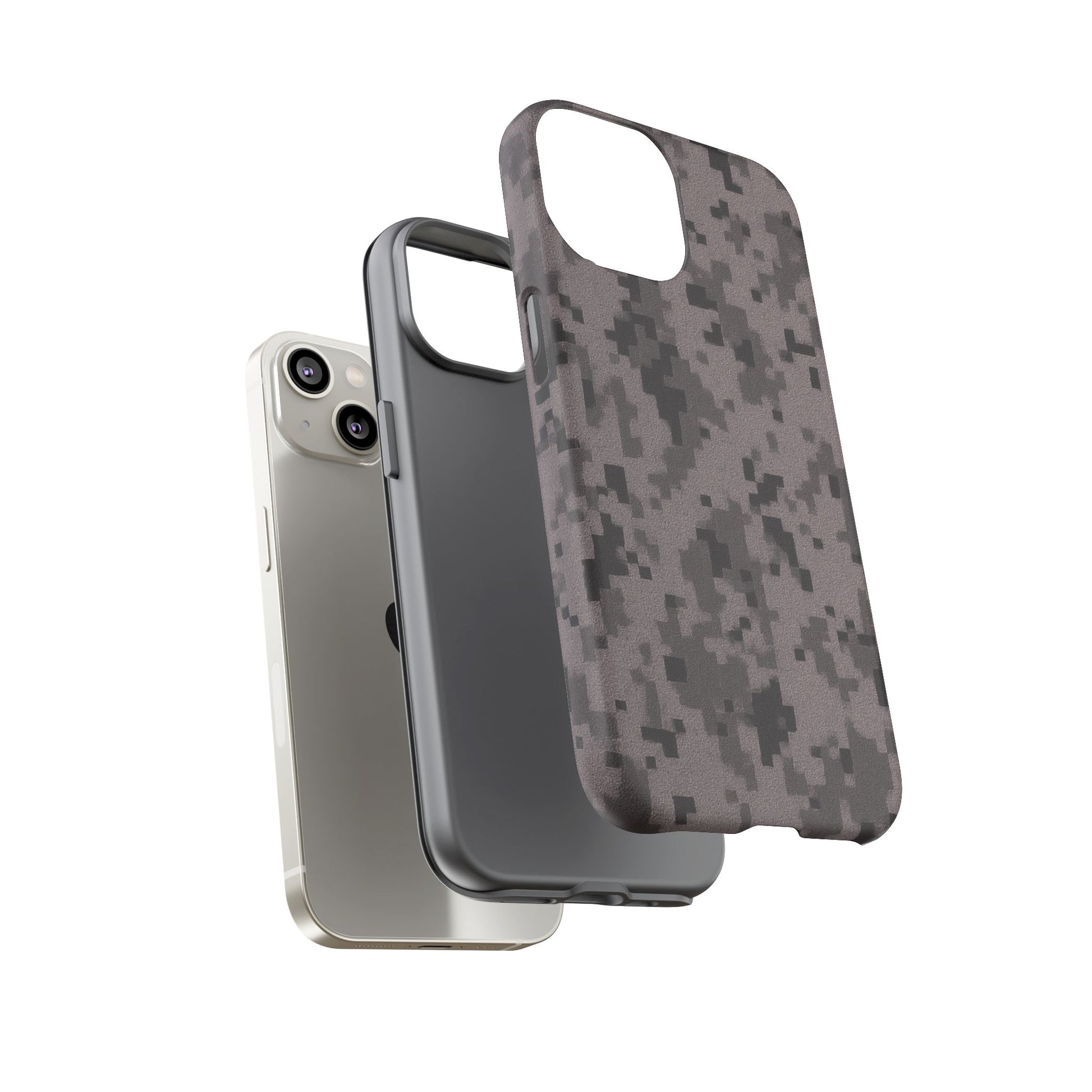 Gray digital camouflage phone case by Printify, tough protective cover fitting smartphones securely.
