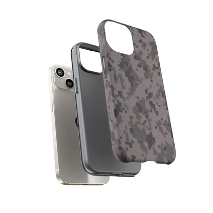 Gray digital camouflage phone case by Printify, tough protective cover fitting smartphones securely.