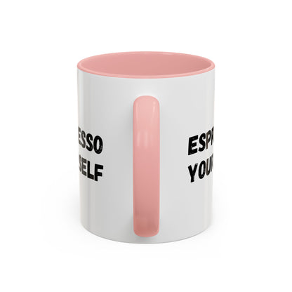 White ceramic espresso mug with "Espresso Yourself" funny coffee lover phrase, 11 oz capacity, by Printify.