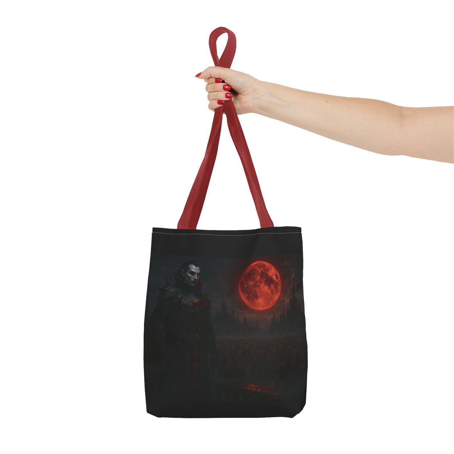 Gothic Dracula tote bag featuring moonlit vampire artwork, perfect for Halloween, made by Printify.