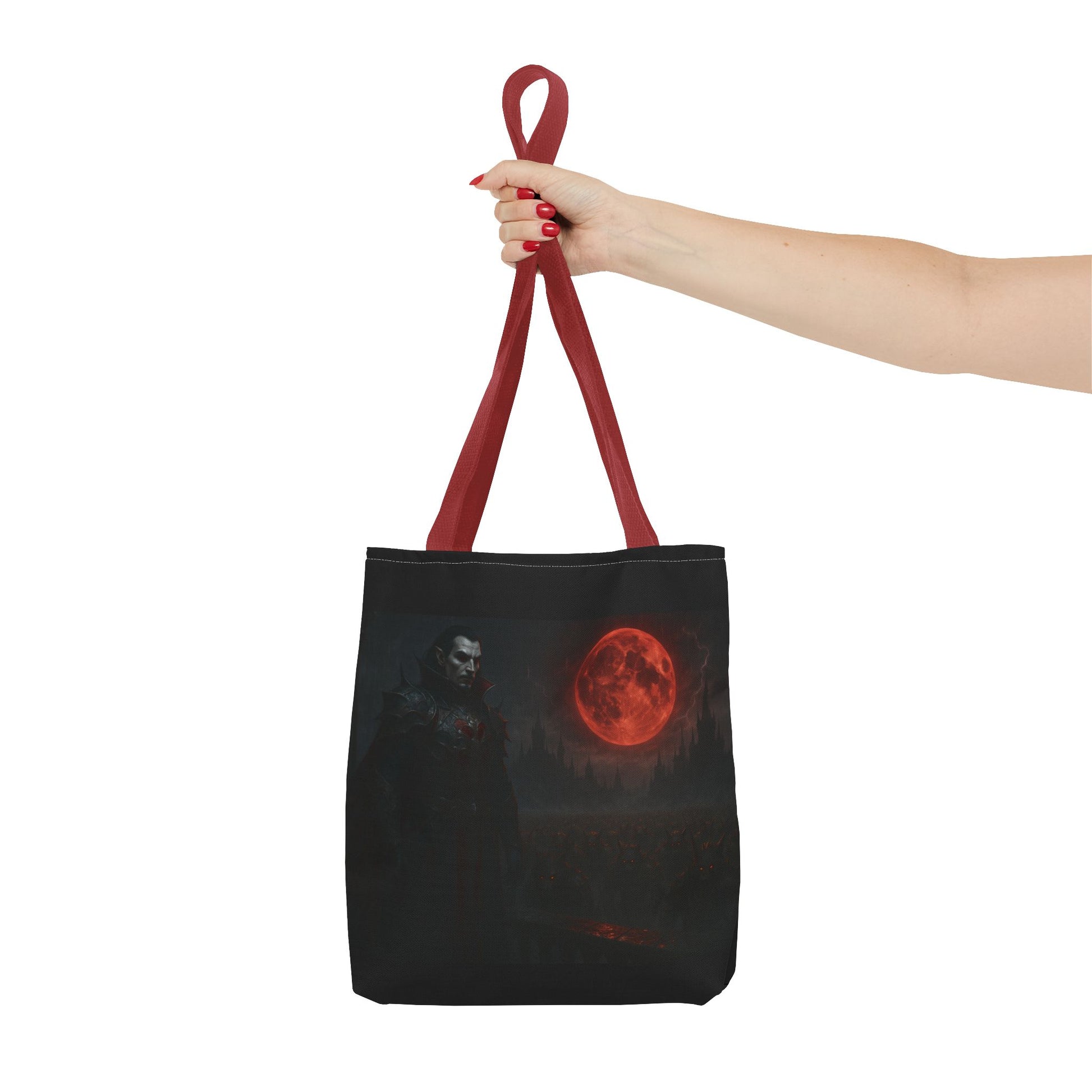 Gothic Dracula tote bag featuring moonlit vampire artwork, perfect for Halloween, made by Printify.