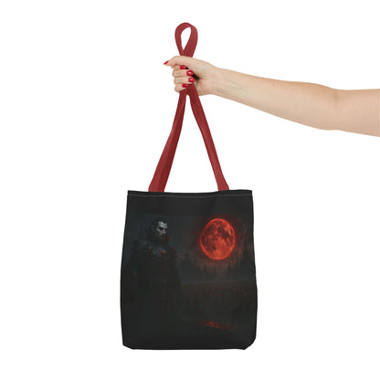 Gothic Dracula tote bag featuring moonlit vampire artwork, perfect for Halloween, made by Printify.