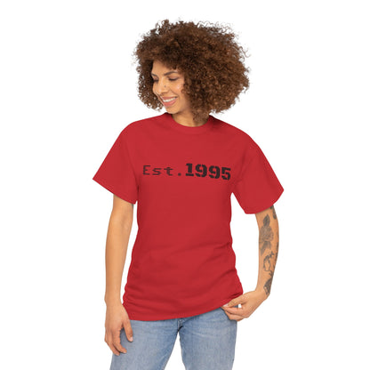 Vintage Est. 1995 T-shirt by Printify featuring minimalist design and birthday theme, worn by a person in a casual setting.