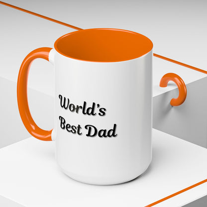 Black trim ceramic coffee mug with "World's Best Dad" message, 11oz or 15oz size, by Printify featuring a classic mug design.