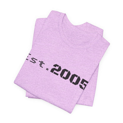 Black Est. 2005 T-shirt by Printify featuring a minimal anniversary year design on the front.