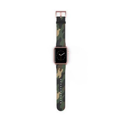 Green camouflage silicone watch band for Apple Watch, stylish camouflage accessory compatible with various Apple Watch models.