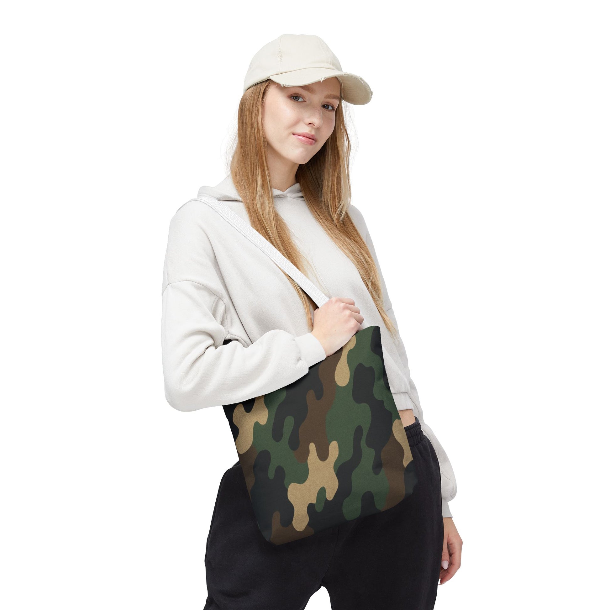 Camouflage pattern tote bag by Printify, all-over print canvas carryall with sturdy handles and spacious interior.