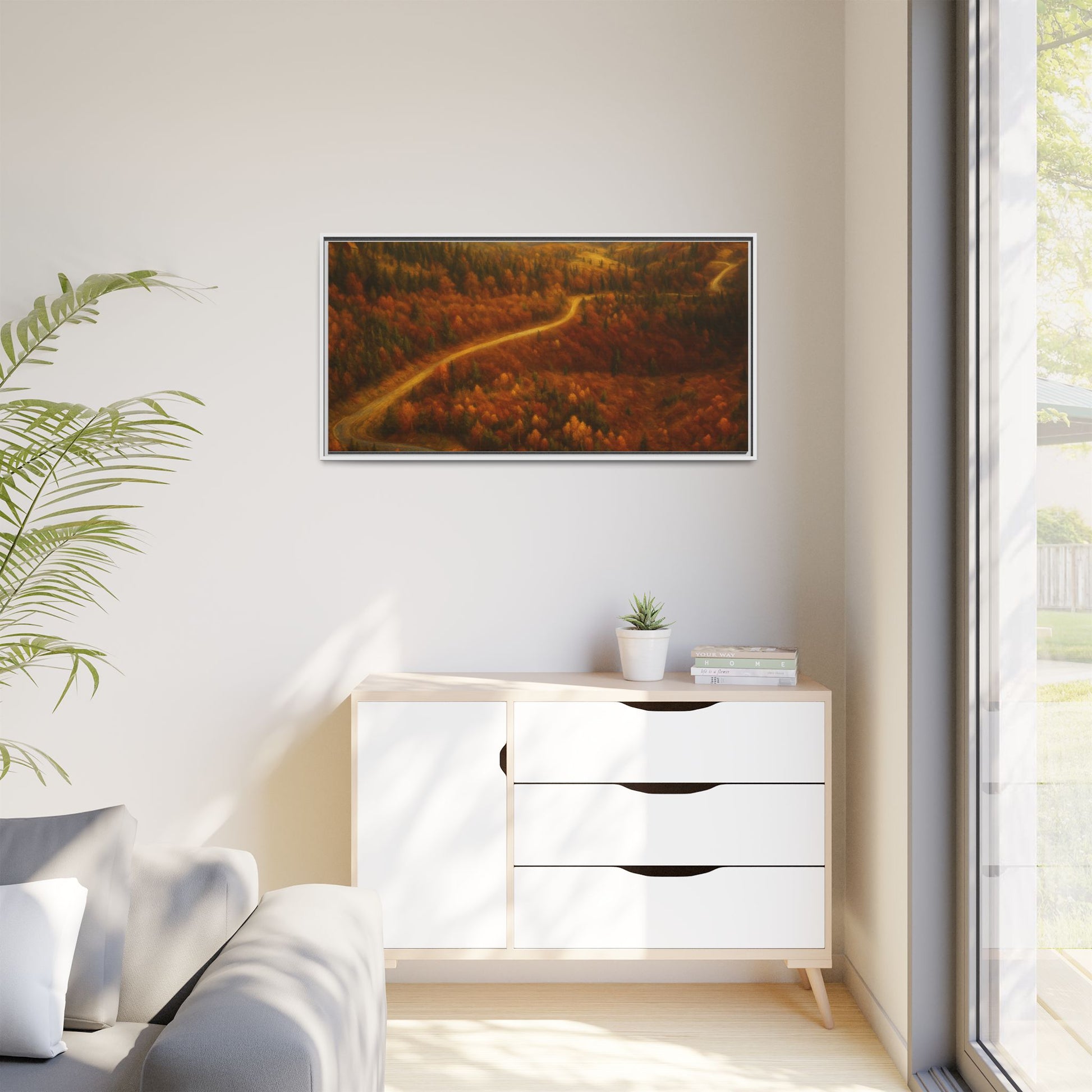 Framed matte canvas print of autumn forest road landscape wall art by Printify, showcasing vibrant fall colors and scenic nature scene.