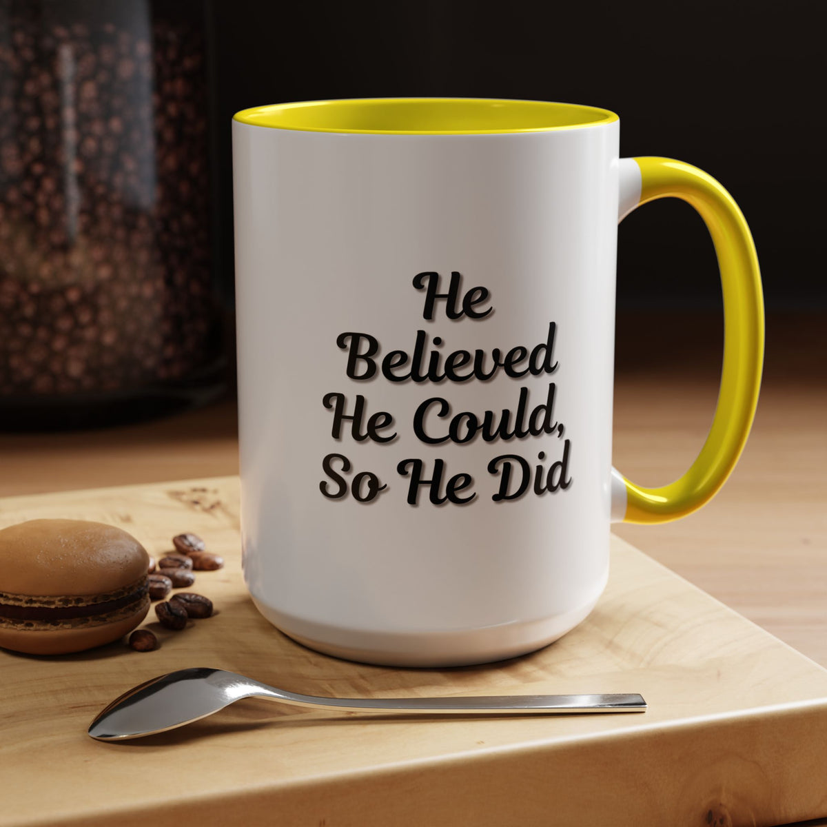 Printify "He Believed He Could So He Did" inspirational coffee mug with black handle and printed motivational quote.