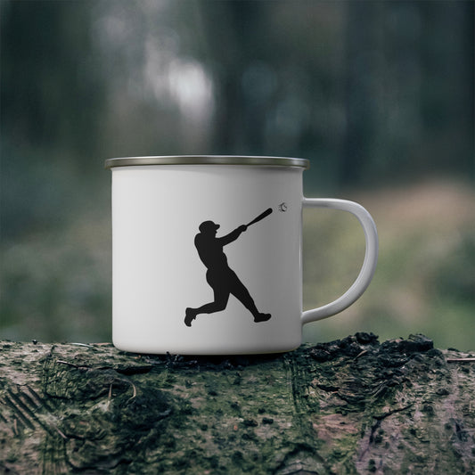 Enamel camping mug featuring a baseball player design, ideal for sports fans and outdoor enthusiasts.