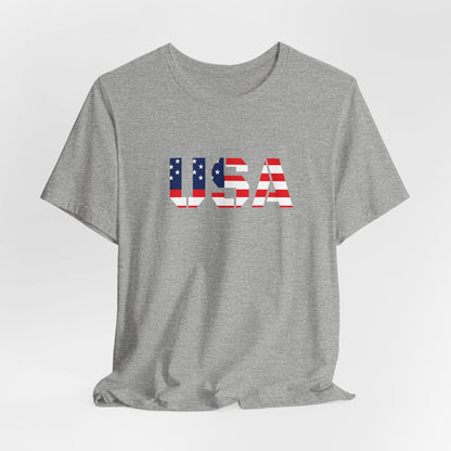 USA Flag Text Tee — Patriotic Fourth of July T-Shirt
