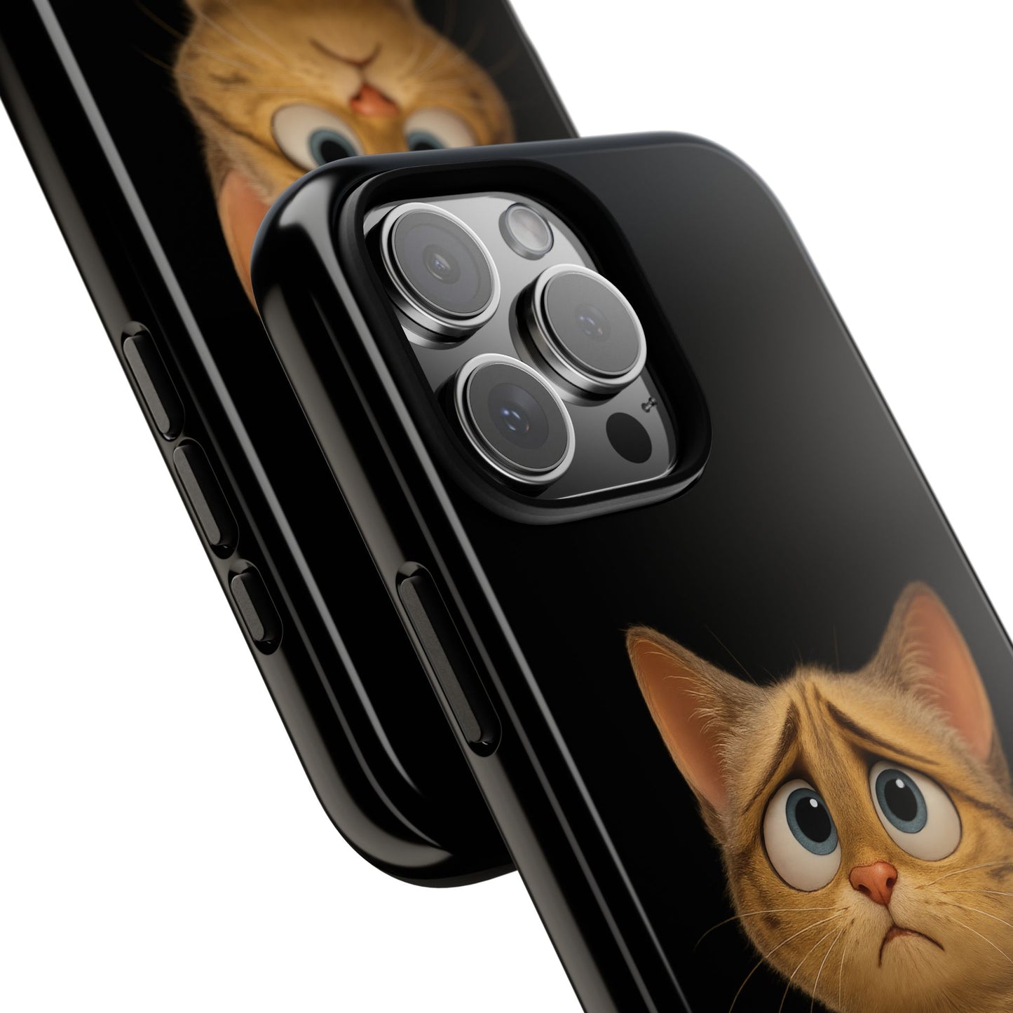 Cute sad kitty design phone case for iPhone, protective Printify cat phone cover with adorable feline illustration.