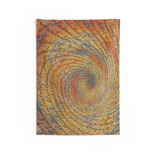 Handwritten swirl script design wall tapestry in warm earth tones, decorative spiral script art wall hanging from Printify