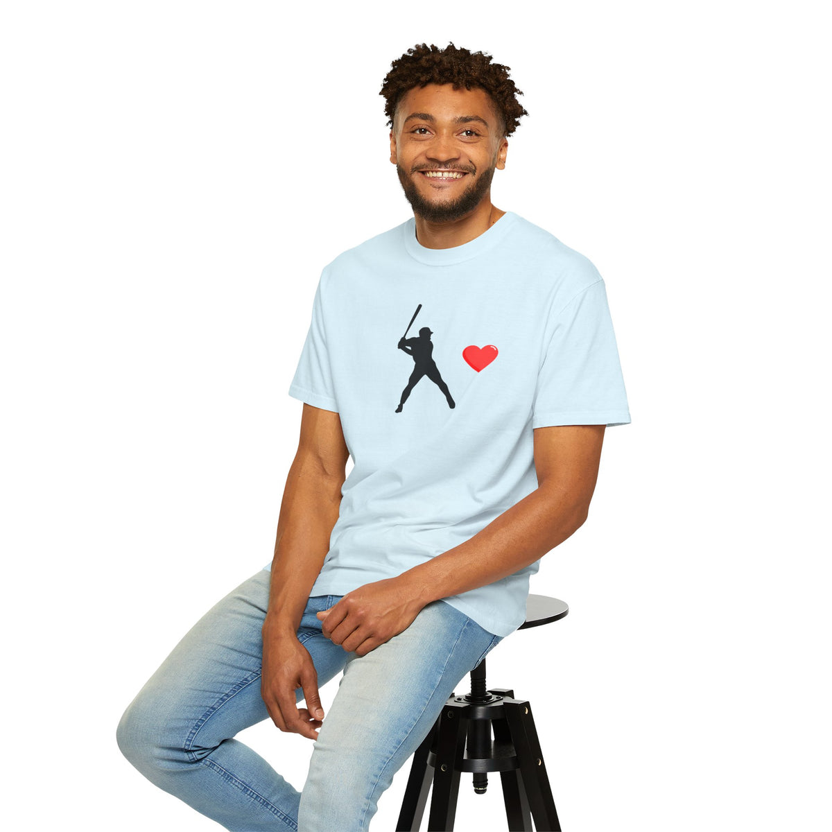 Printify baseball batter heart T-shirt featuring a graphic of a batter swinging a bat with a heart design on the front.