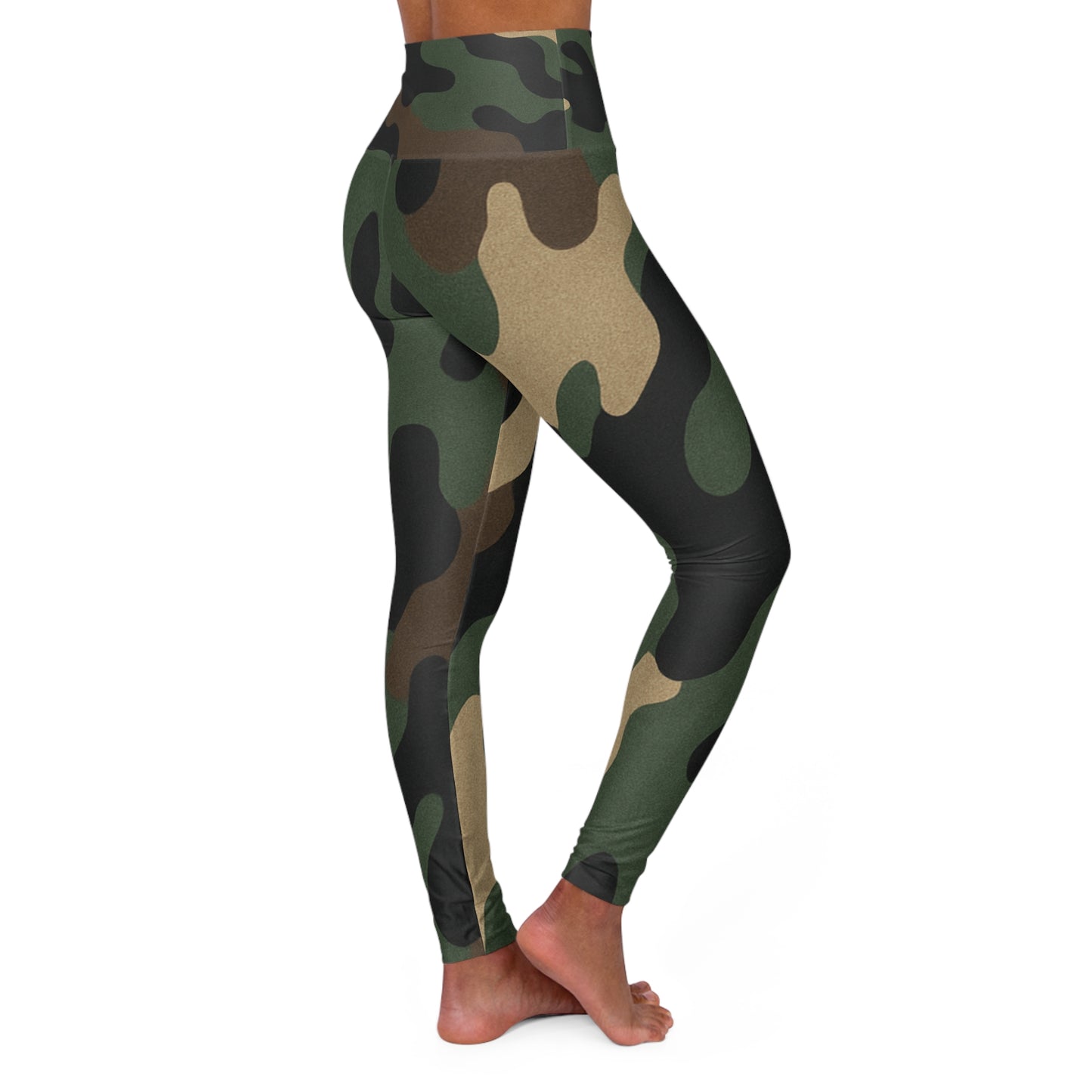 Olive green camo high-waisted yoga leggings with military print from Printify, featuring all-over camouflage pattern and comfortable fit.