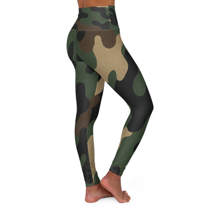 Olive green camo high-waisted yoga leggings with military print from Printify, featuring all-over camouflage pattern and comfortable fit.