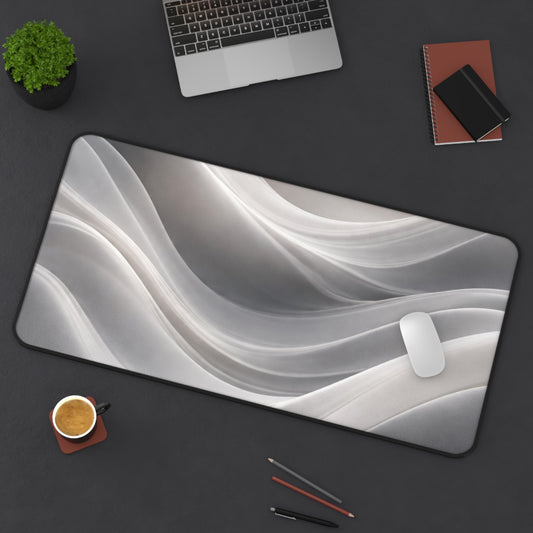 Gray marble swirl design desk mat with abstract wave pattern, ideal for workspace protection and style.