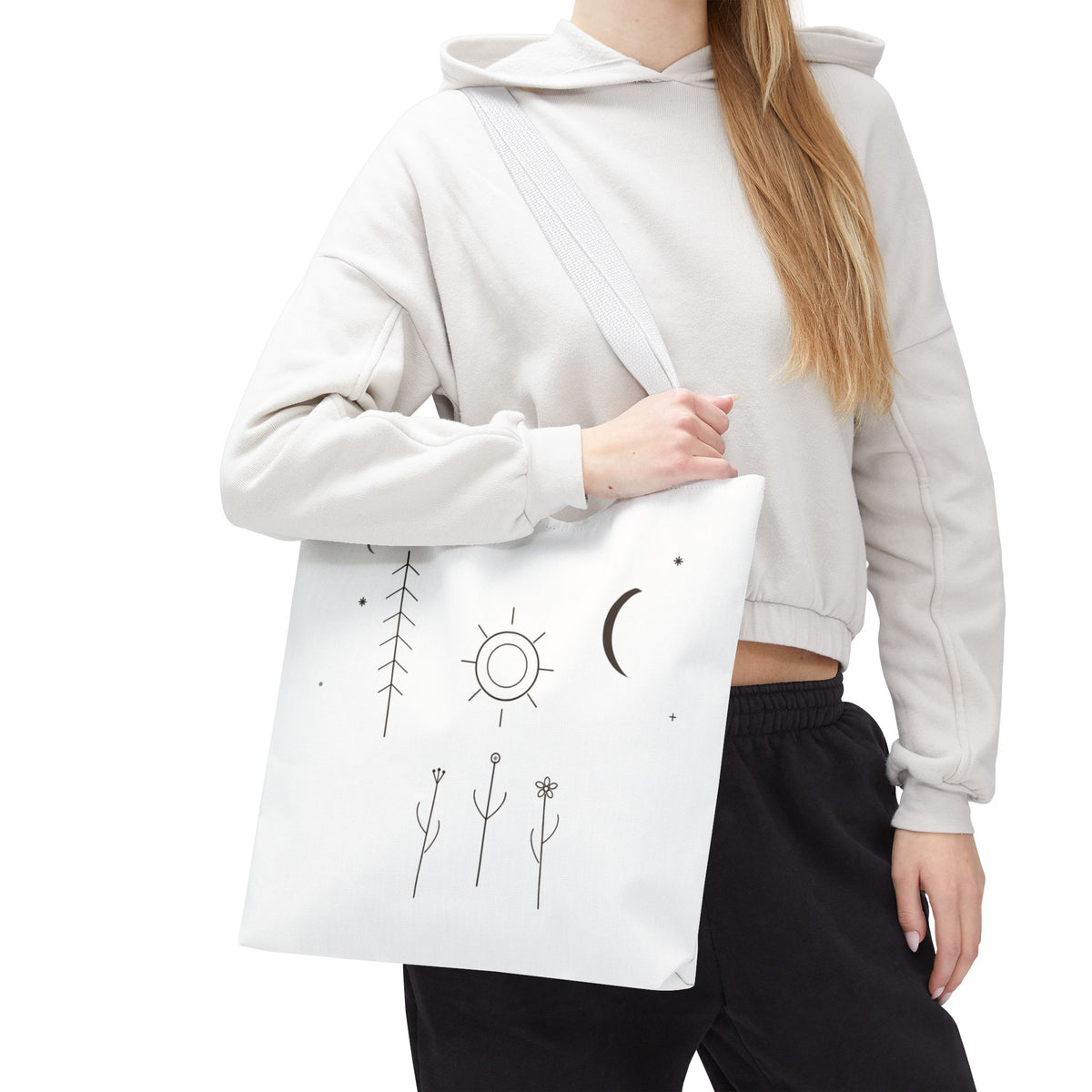Minimal moon and sun botanical tote bag with celestial line art design, made by Printify, featuring natural botanical illustrations.