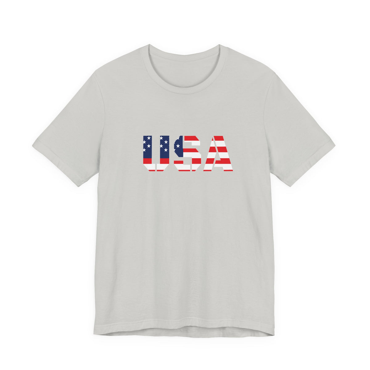 Red and white USA flag text T-shirt by Printify featuring patriotic Fourth of July design, cotton fabric, casual fit.