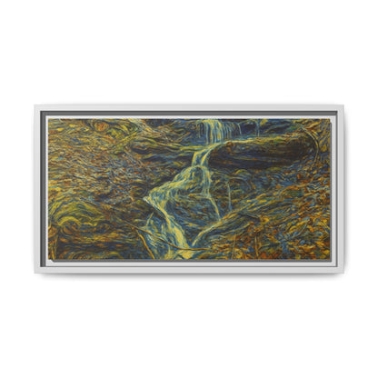 Framed matte canvas wall art of an autumn forest with a waterfall, by Printify, showcasing vibrant fall colors and natural scenery.